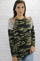 Camouflage and Sequins Long Sleeve Top